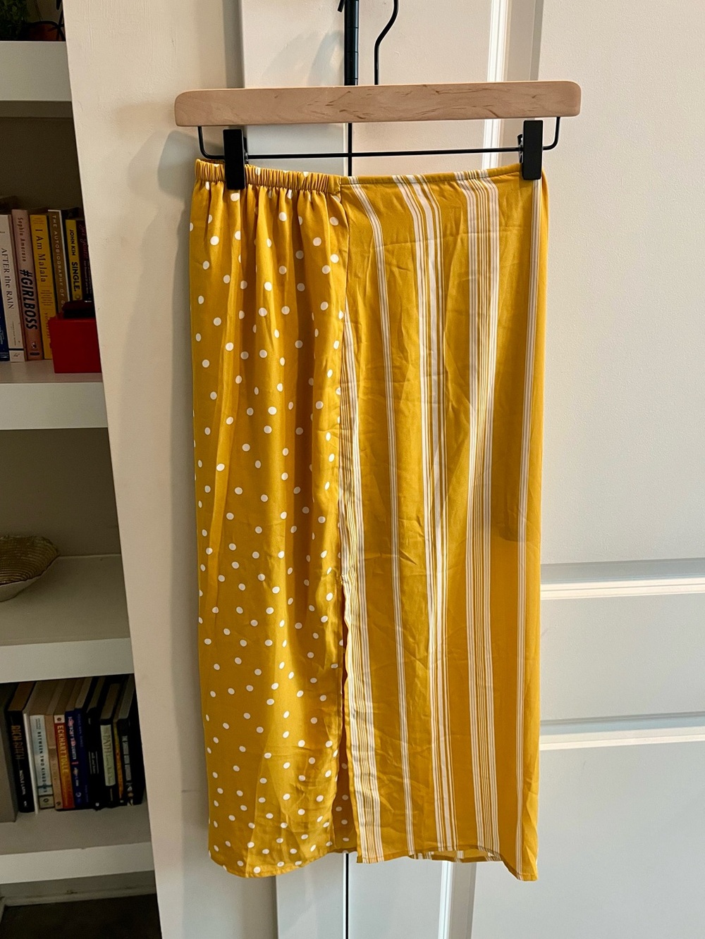 BOG Collective Yellow Mixed-Print Midi Skirt with Polka Dots & Stripes NWT (XS)